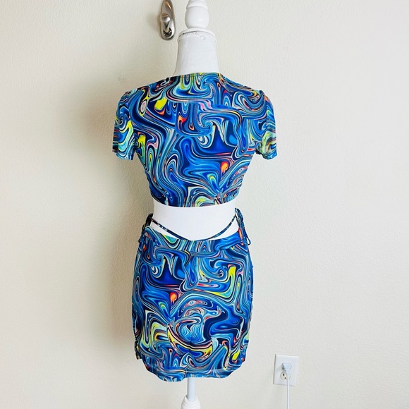 Blue Marble Trippy Front Lace Up Short Sleeve Crop Top & Side Tie Mini Skirt Set - Picture 4 of 4